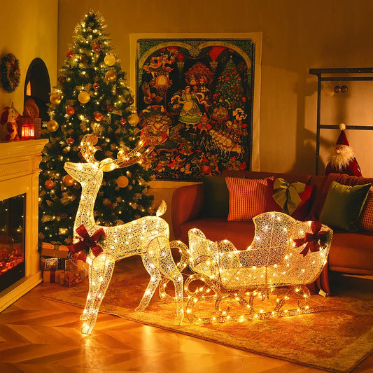 Christmas Lighted Reindeer & Santa's Sleigh Lighted Display